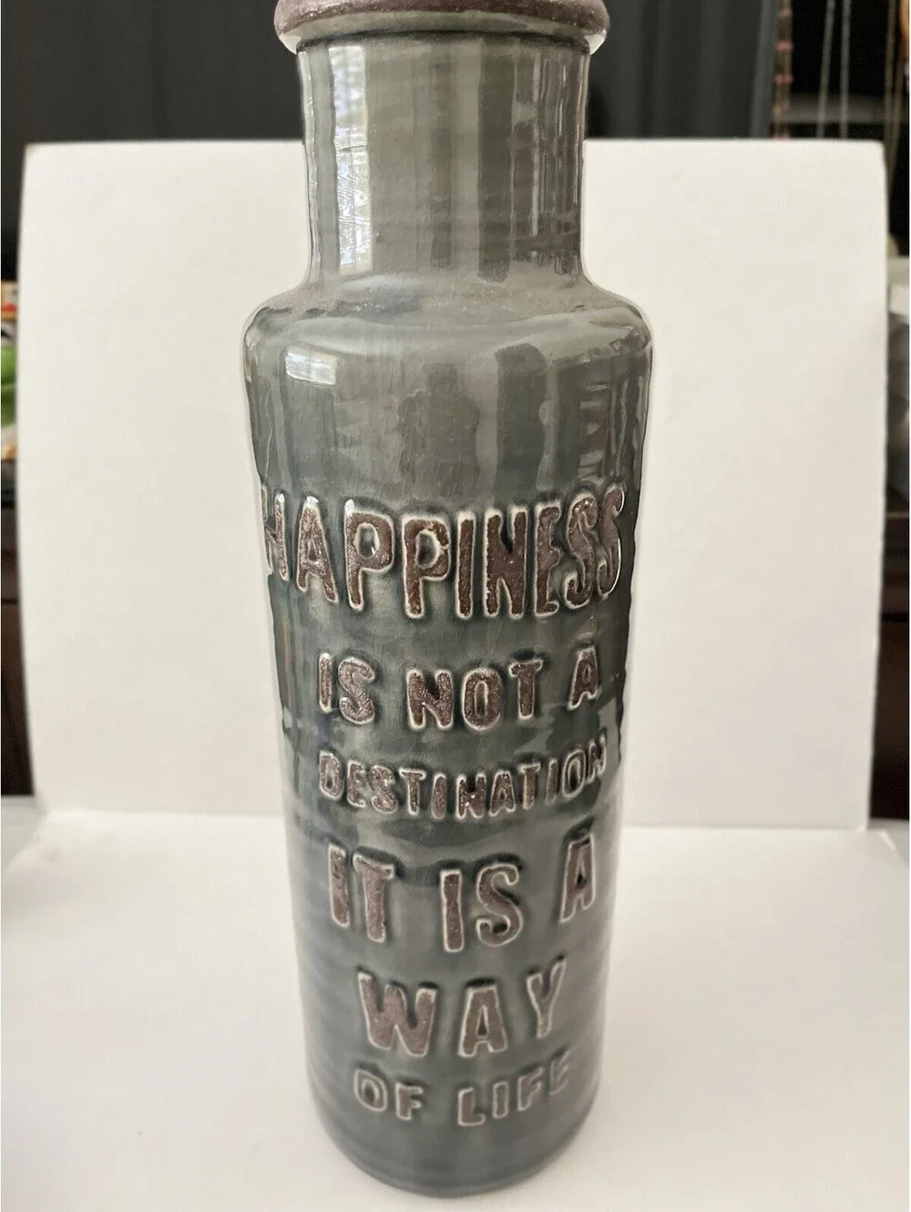 Vase 16 In Tall Raised Lettering “Happiness Is A Way Of Life” Jar Pottery Grey